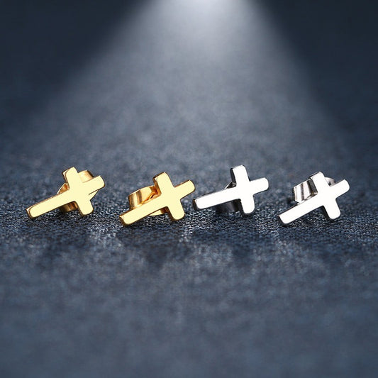 2pcs Minimalist Cross Stud Earrings Set Gold Silver Tone Stainless Steel