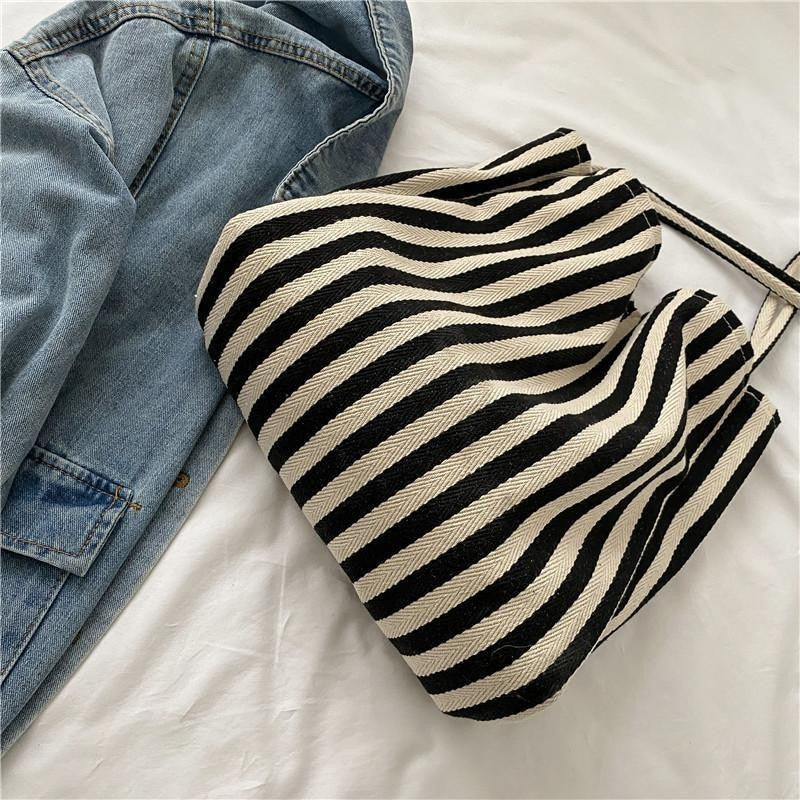 Women’s Striped Canvas Tote Bag Large Beach Travel Shopping Shoulder Purse