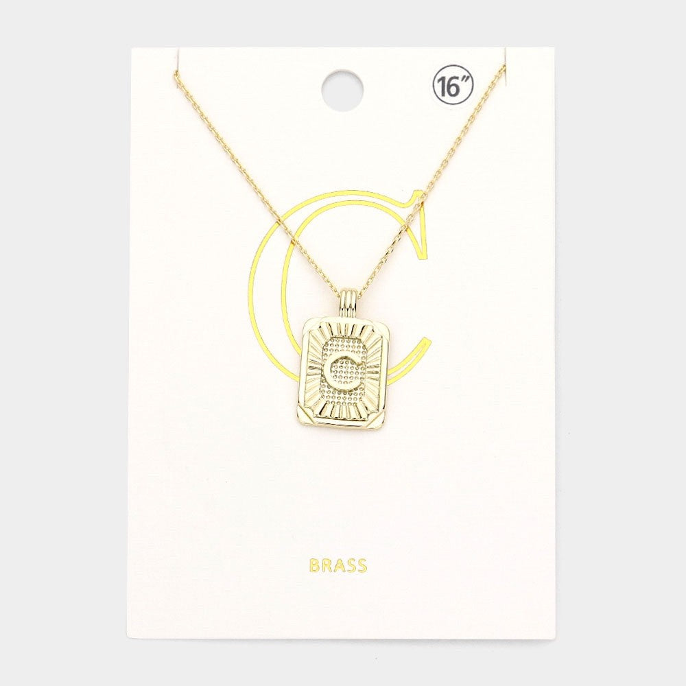 Gold Initial "C" Rectangular Sunburst Pendant Necklace - Brass Fashion Jewelry