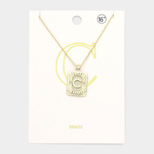 Gold Initial "C" Rectangular Sunburst Pendant Necklace - Brass Fashion Jewelry