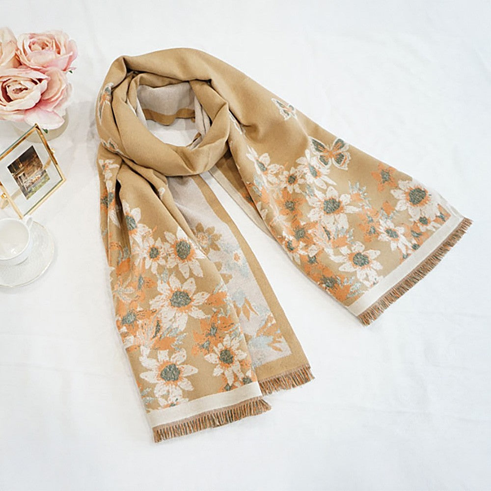 Light Beige Floral Butterfly Shawl Wrap Long Fringe Soft Gift for Her Women