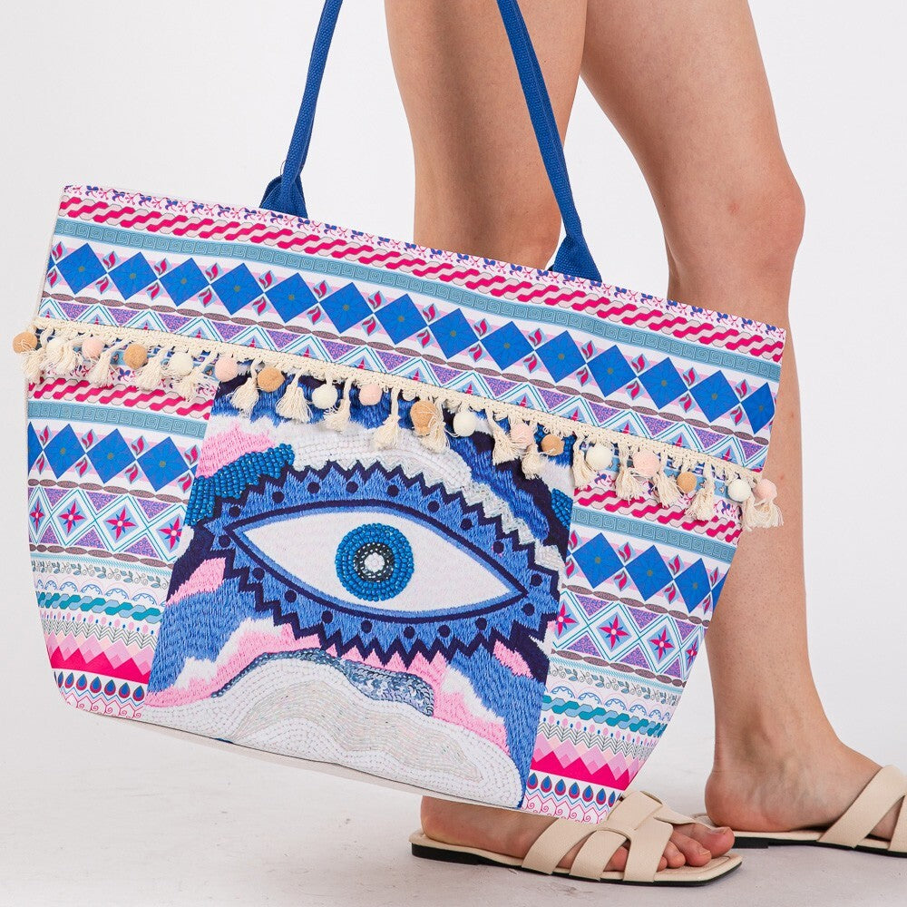 Evil Eye Boho Print Pom Pom Fringe Tote Bag Colorful Shoulder Bag for Women