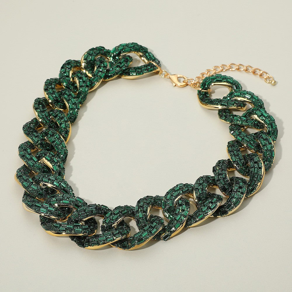Women's Stone Paved Embellished Chunky Chain Necklace Lobster Clasp Gold Tone