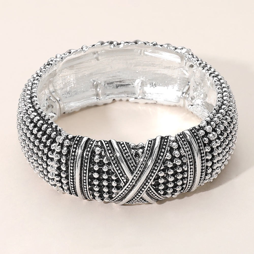 Silver Beaded Stretch Bangle Wide Textured Statement Bracelet Boho Bangles