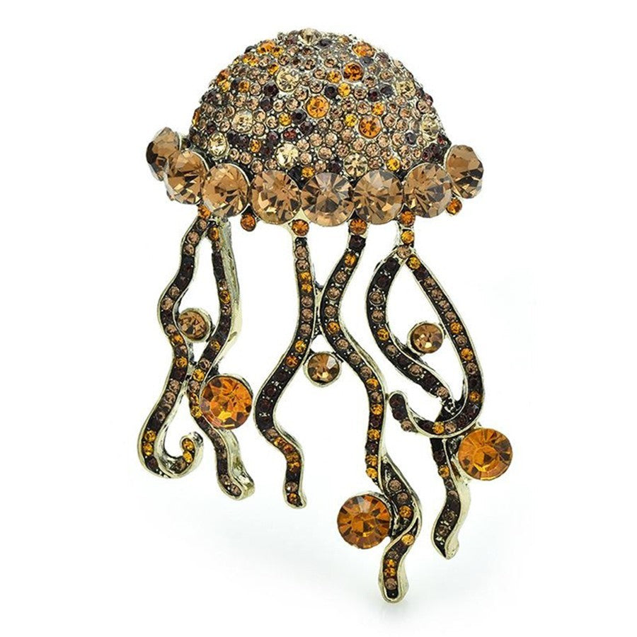 2pcs Sparkling Crystal Jellyfish Brooch Set Blue Amber Rhinestone Marine Pins