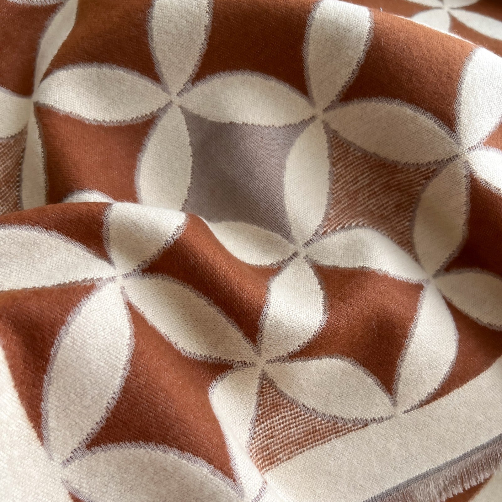 Reversible Brown Cream Geometric Quatrefoil Soft Fringed Knit Wrap Scarf Throw