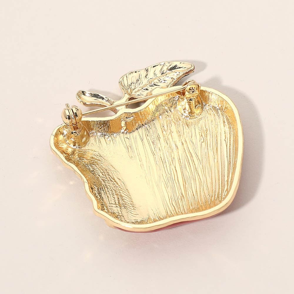 2pcs Red Enamel Bitten Apple Brooch with Rhinestone Accent Gold Tone Fruit Pin