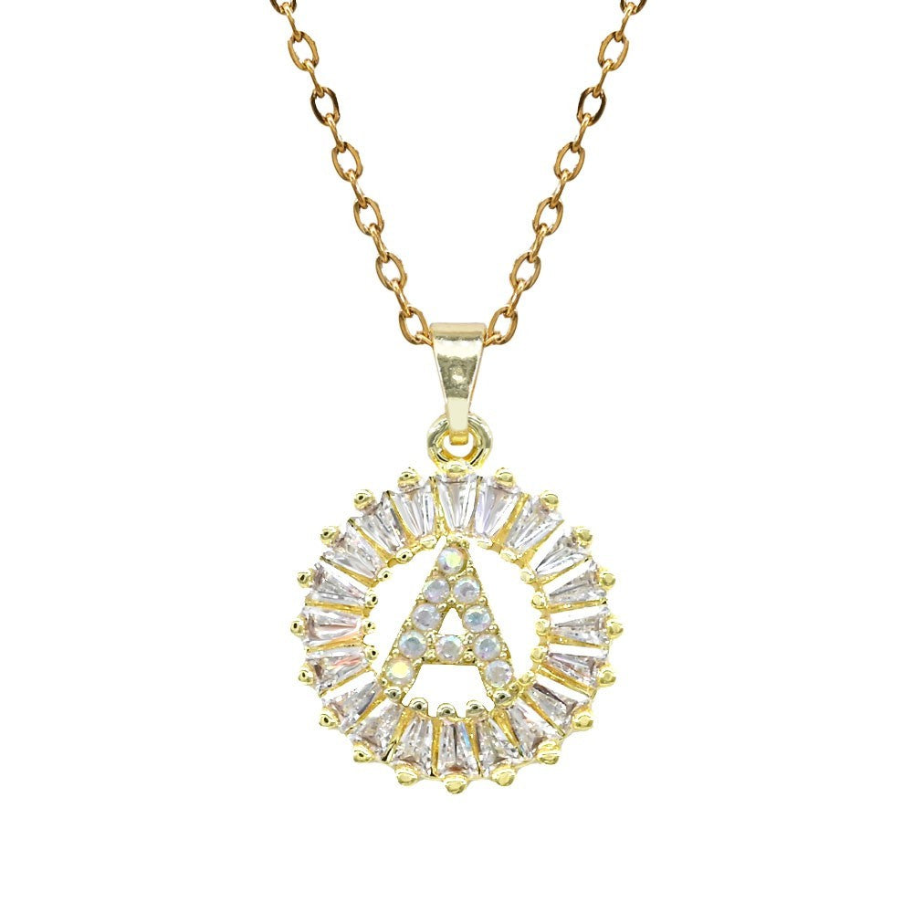 -A- Stainless Steel CZ Stone Embellished Round Initial Monogram Pendant Necklace