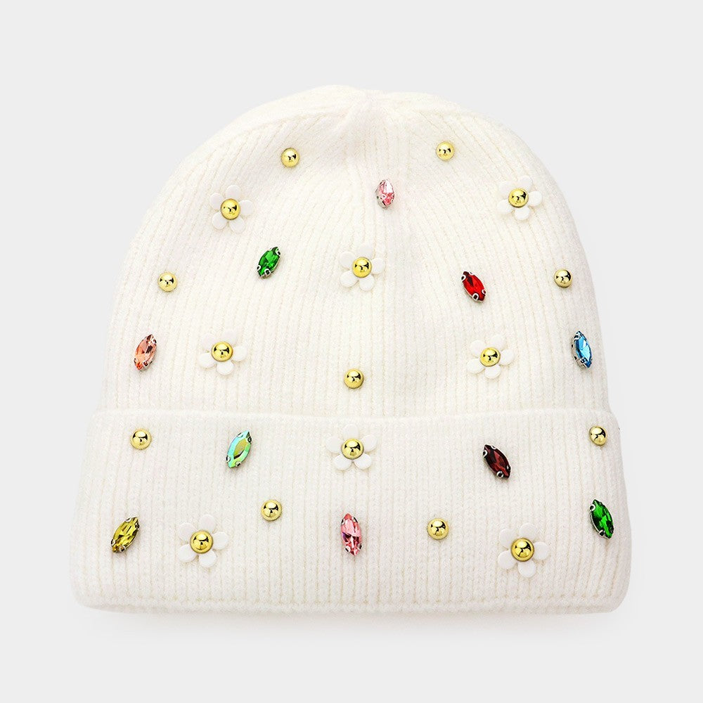 2pcs White  Knit Beanie Hat with Floral Appliqués and Multicolor Jewel Accents