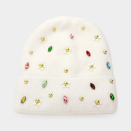 2pcs White  Knit Beanie Hat with Floral Appliqués and Multicolor Jewel Accents