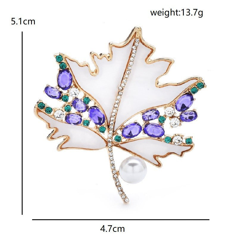 2pcs Maple Leaf Brooch Pin Cream Enamel Purple Rhinestone Faux Pearl Set