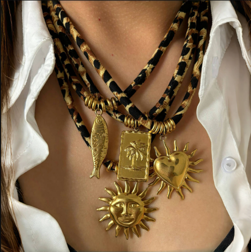 Leopard Print Fabric Necklace with Bold Gold Stainless Steel Sun Charm Pendant