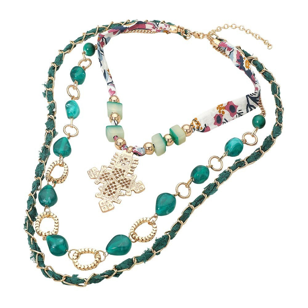 Abstract Mixed Charm Beaded Fabric Scarf Layered Necklace for Women Green