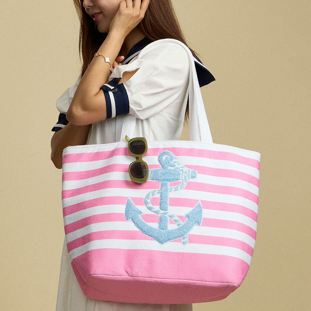 Pink and White Striped Anchor Beach Tote Bag with Rope Design for Women