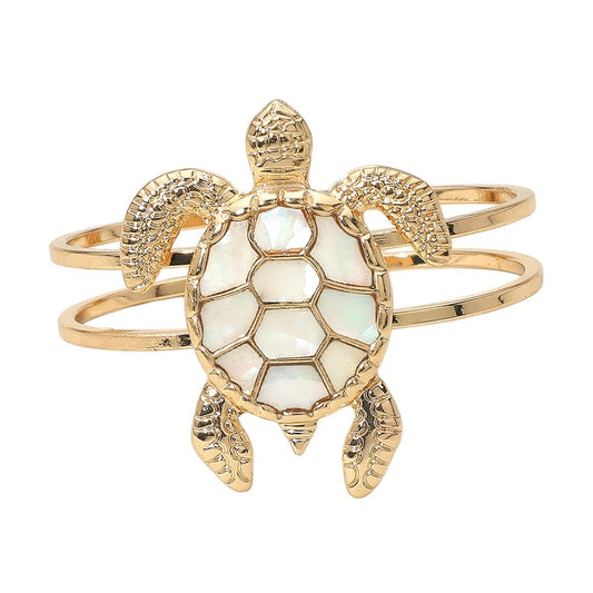 Intricate Mother of Pearl Turtle Hinged Bracelet Gold Tone  Fashion Jewelry