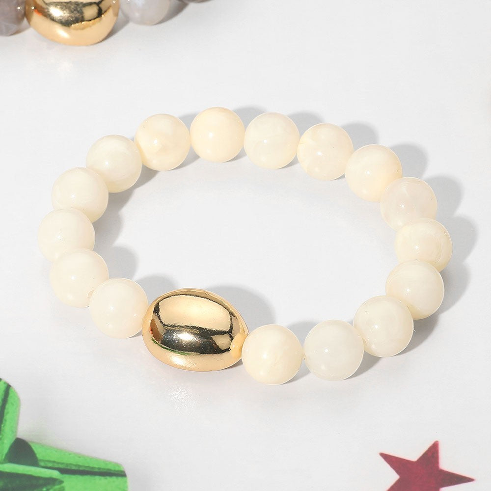 2pc Elastic Beaded Bracelet Set Gold Oval Accent Brown & Ivory