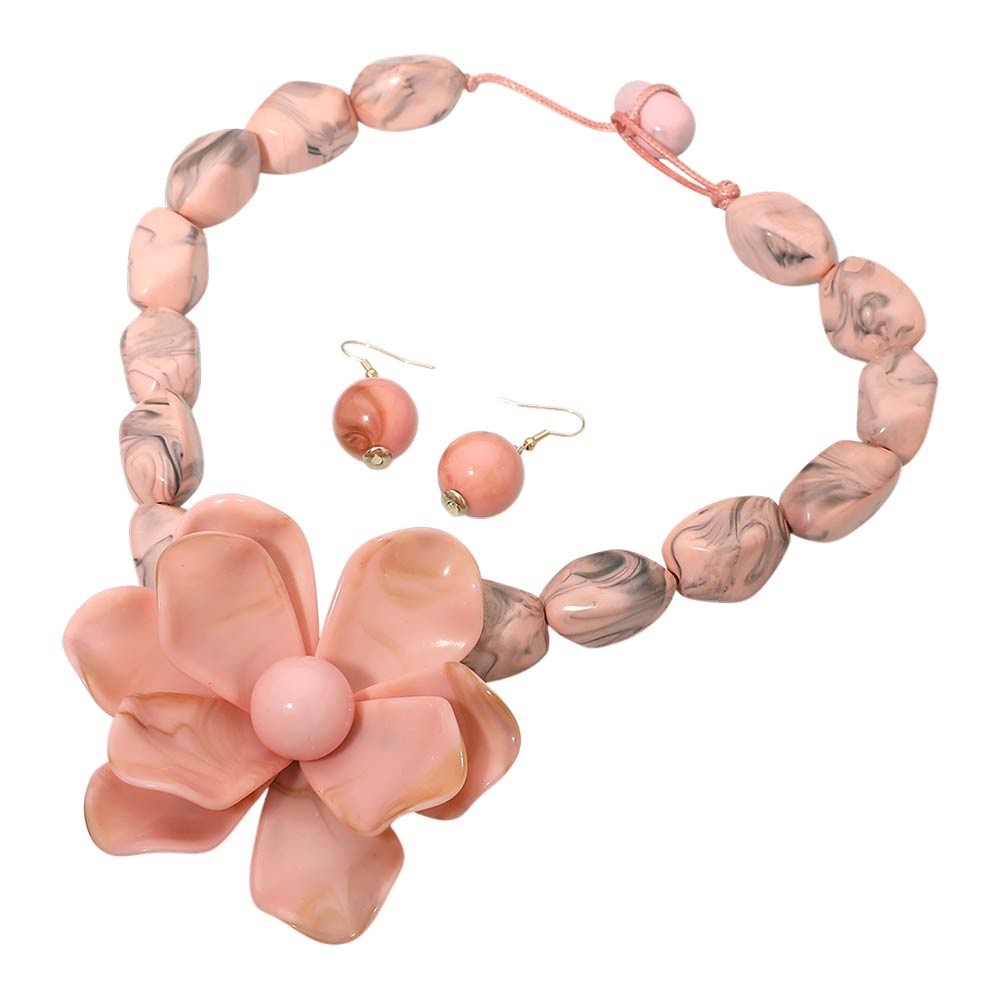 2pcs Pink Marble Resin Floral Statement Necklace & Round Ball Drop Earrings Set