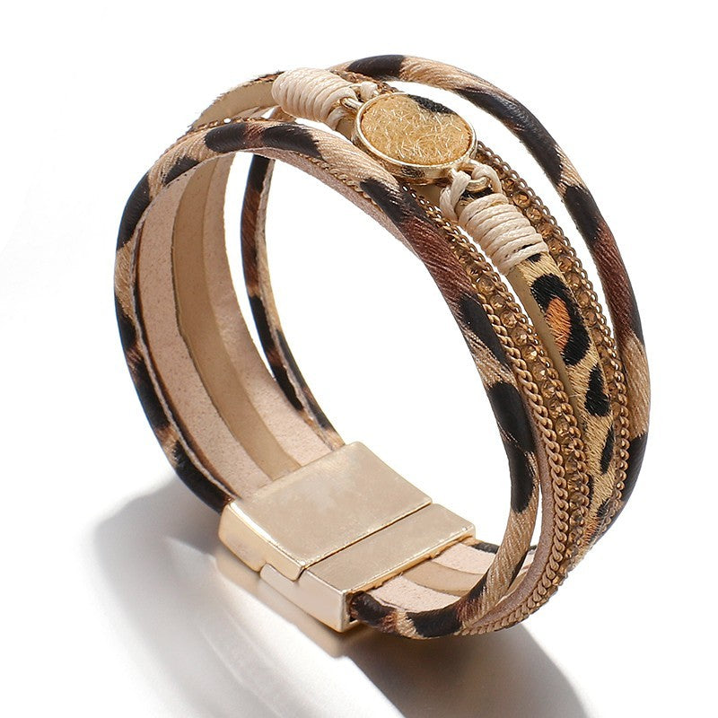 Gold Plated Magnetic Clasp Leopard Print Multi-layer Leather Cuff Bracelet Gift