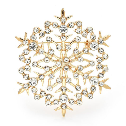 Sparkling Gold Tone Clear Rhinestone Snowflake Starburst Brooch Pin 2" Winter Ho