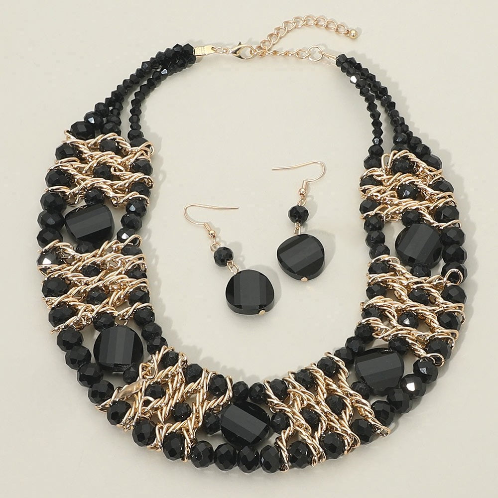 2pcs Black Beaded Multi Strand Bib Necklace & Drop Earrings Set Glam Jewelry