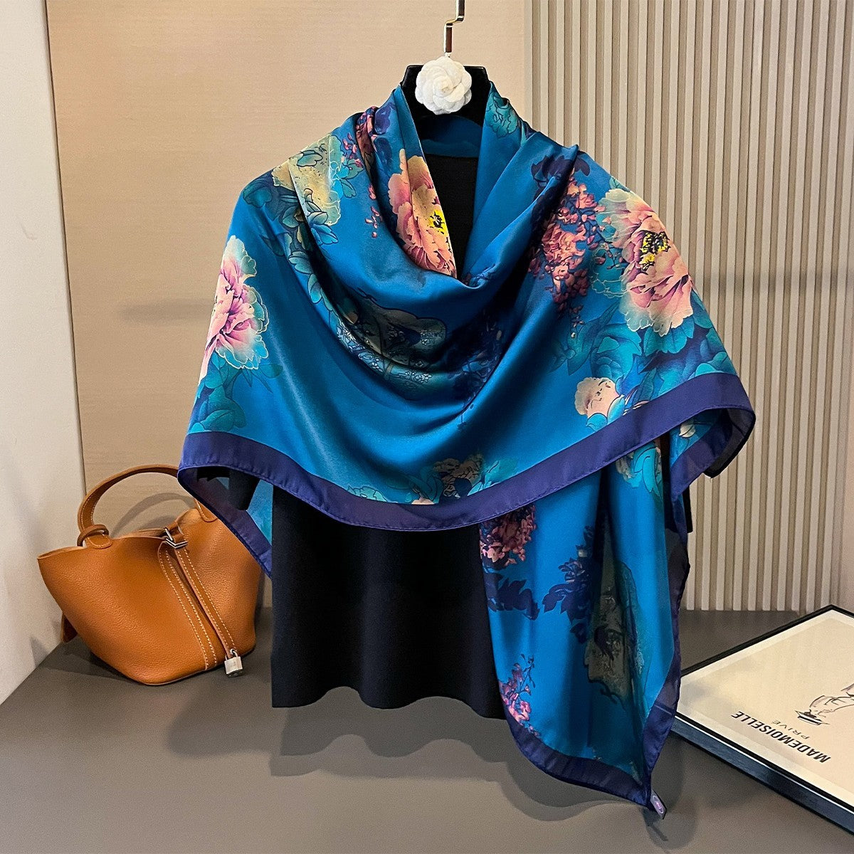 Large Teal Floral Scarf Peony Bird Print Silk Feel Square Wrap Shawl 43" x 43"