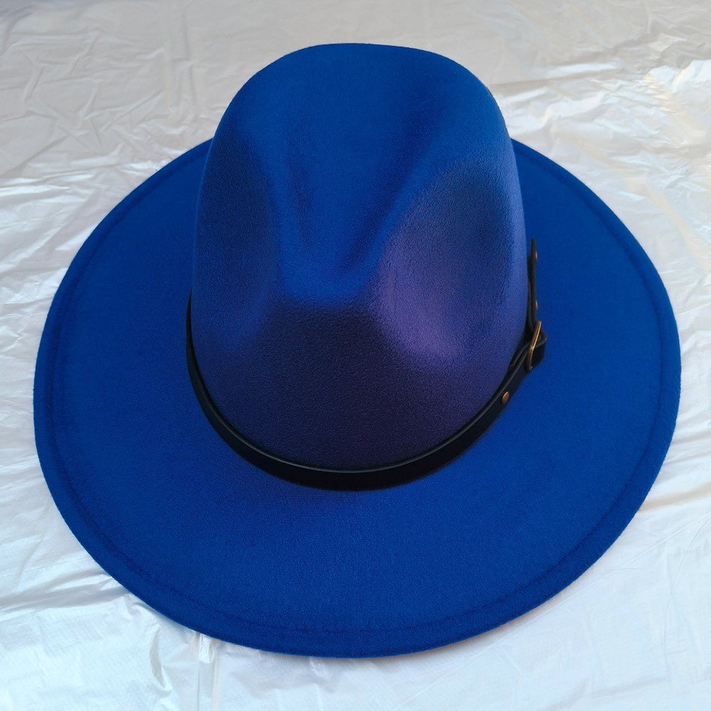Women’s Belt Band Pointed Fedora Hat Wide Brim Classic Fashion Cap Blue Stylish
