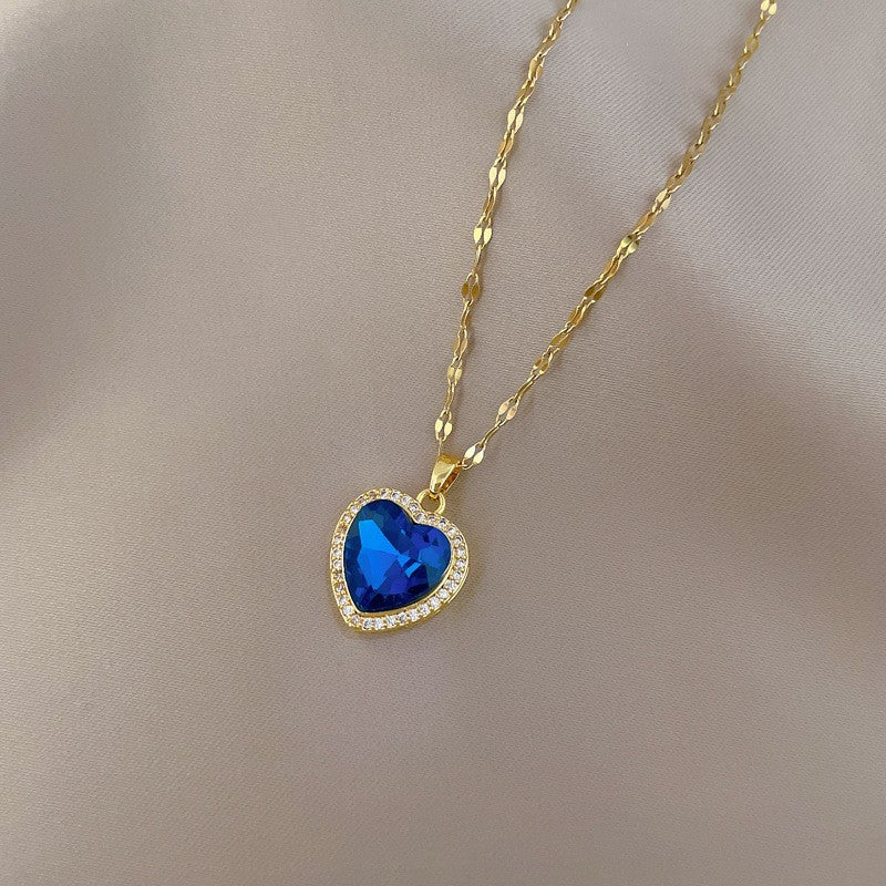 Gold Heart Blue Crystal Pendant Necklace Women’s Jewelry Gift 16" Chain