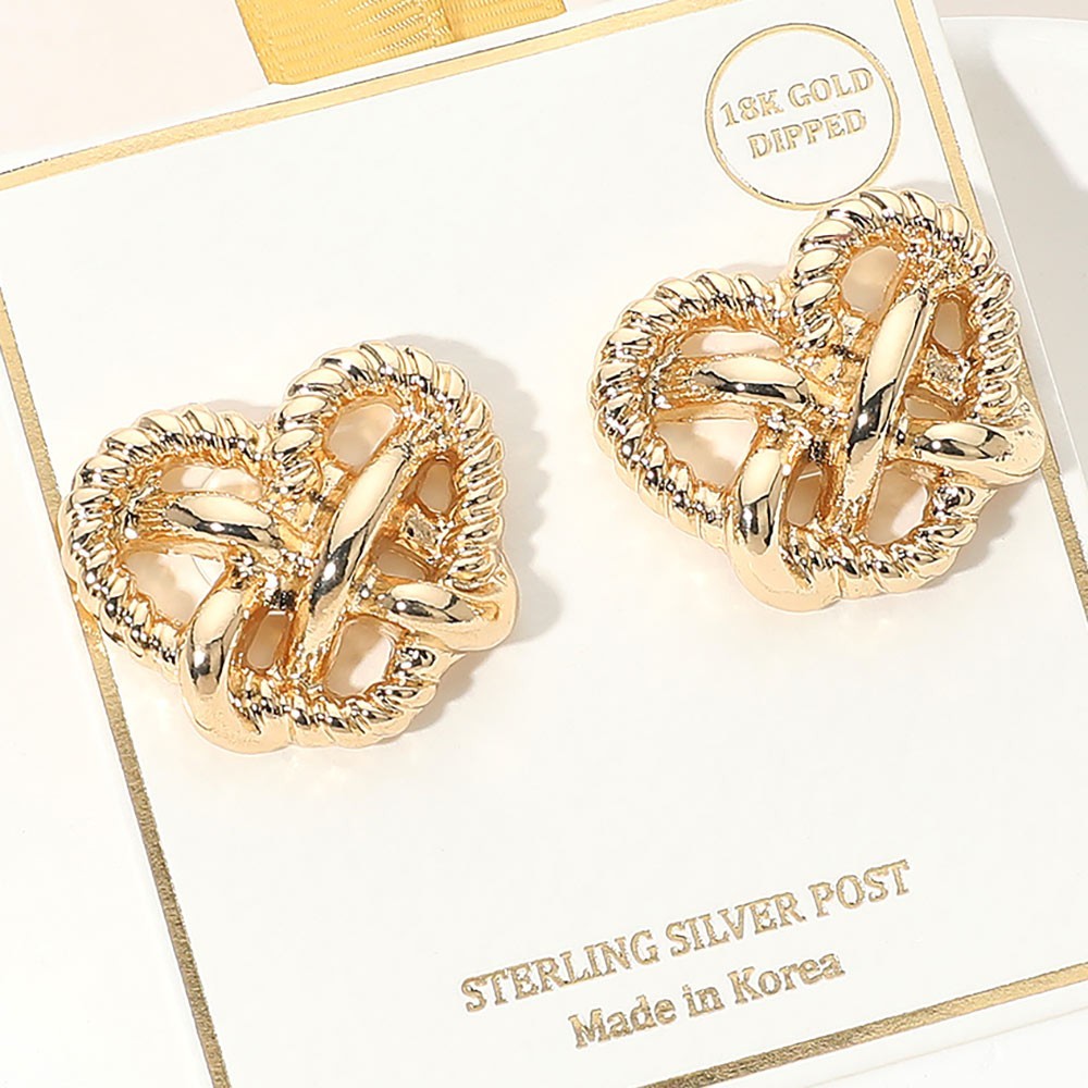 Women's 18K Gold Dipped Twisted Knot Heart Stud Earrings w/ Sterling Silver Post