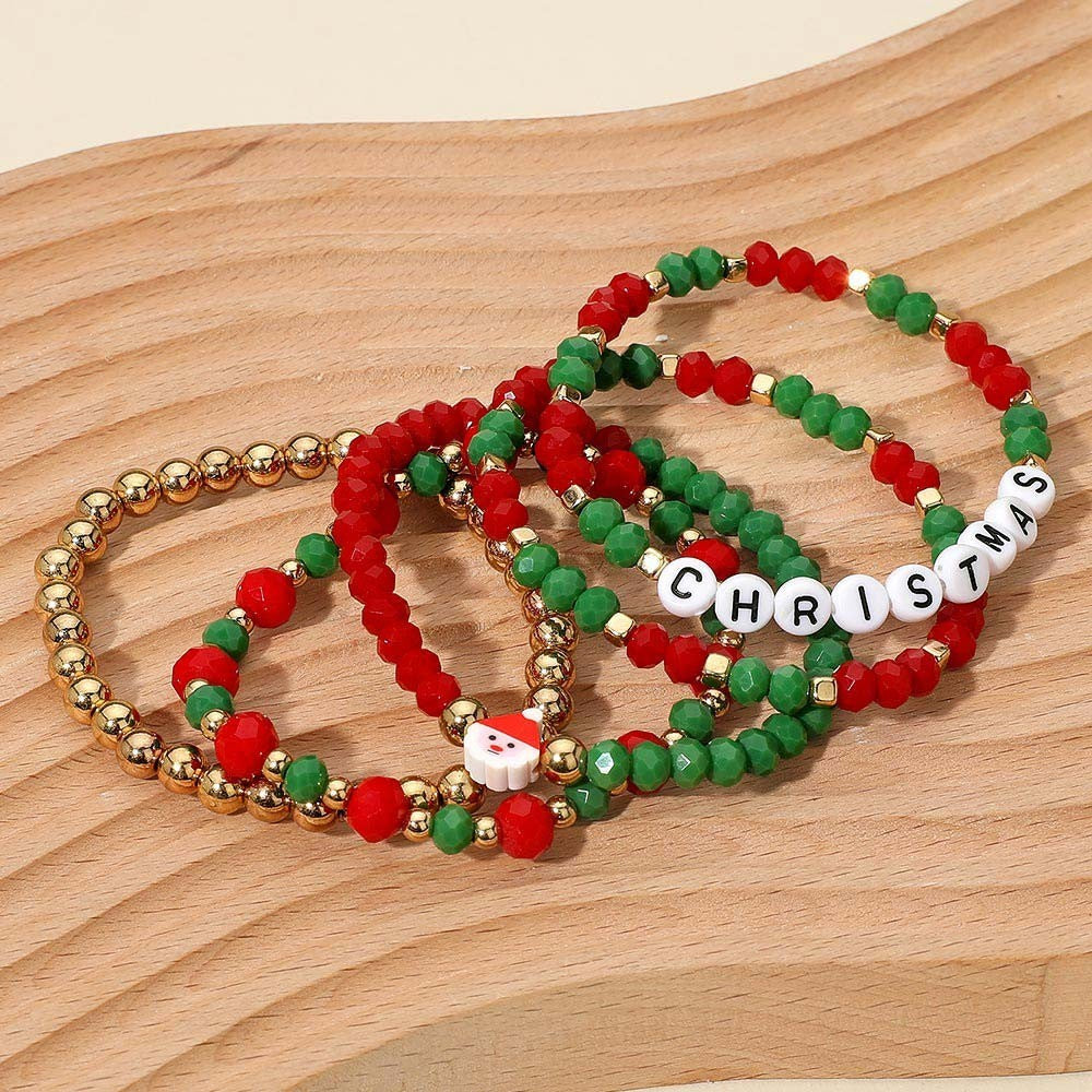 4pc Christmas Beaded Bracelet Set Stretch Red Green Gold Santa Letter Charm