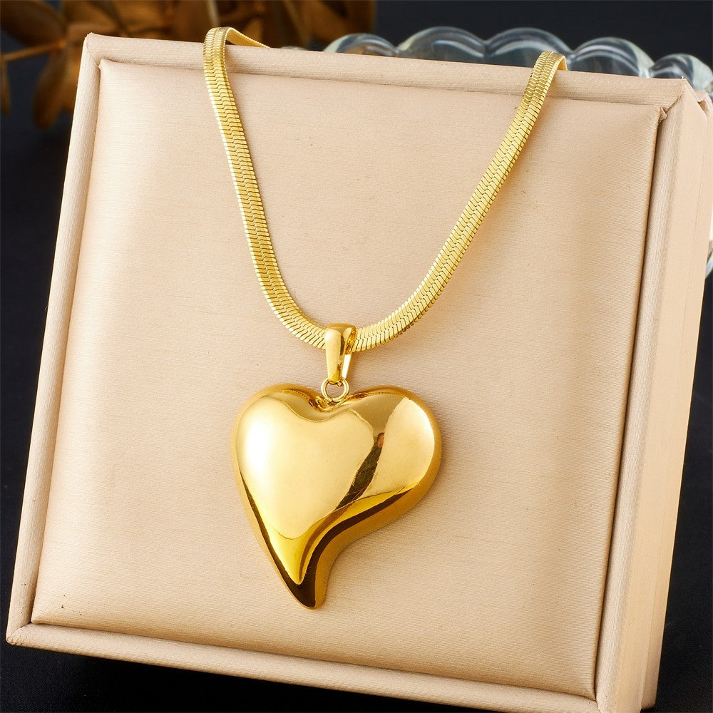 Gold Puffy Heart Necklace Herringbone Chain Statement Jewelry Gift for Her
