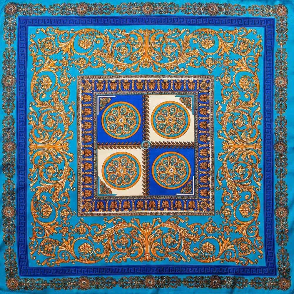 Blue Gold Baroque Silk Like Scarf Square Neck Head Scarf Bandana Handbag Wr