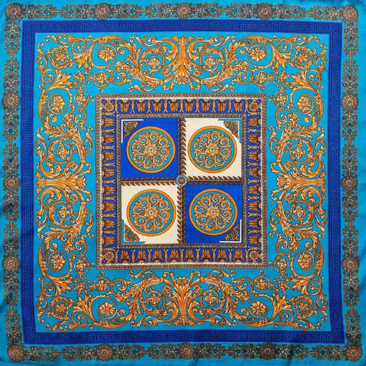 Blue Gold Baroque Silk Like Scarf Square Neck Head Scarf Bandana Handbag Wr