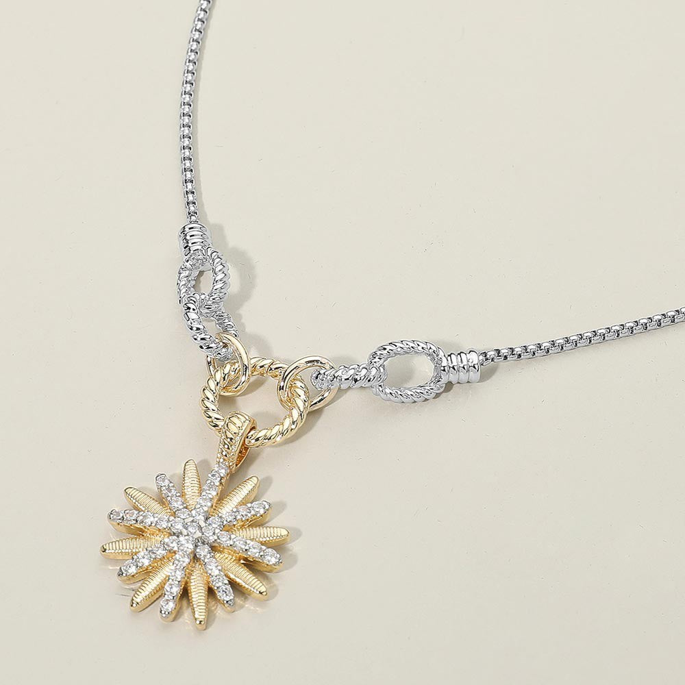 14K Gold Plated Two-Tone Cubic Zirconia Stone Paved Sunburst Necklace for Women