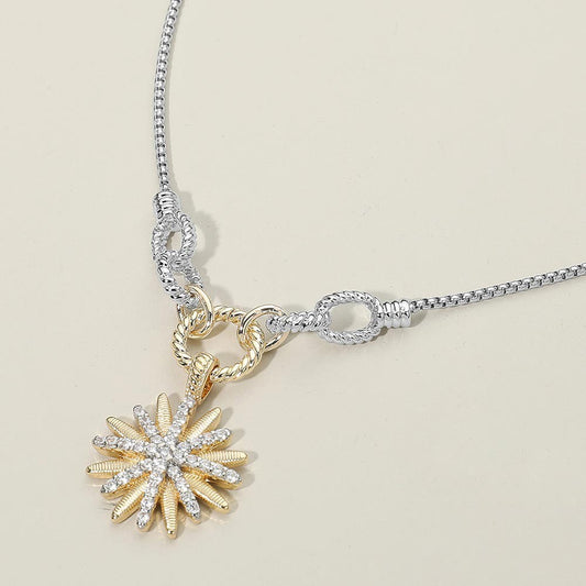 14K Gold Plated Two-Tone Cubic Zirconia Stone Paved Sunburst Necklace for Women