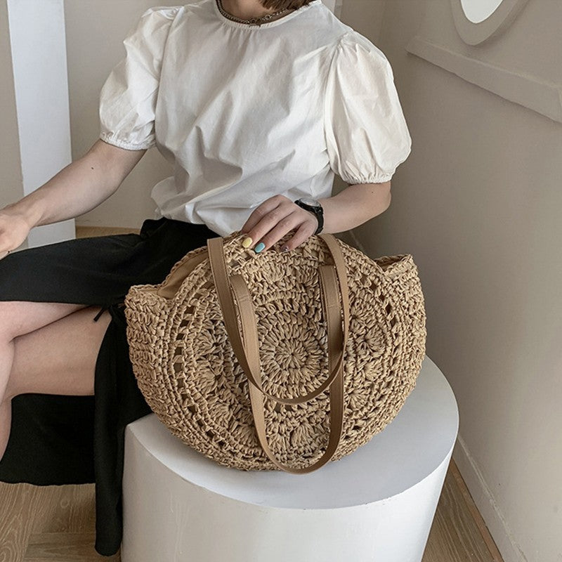 Woven Straw Shoulder Bag for Women Summer Rattan Beach Vacation Tote Brown