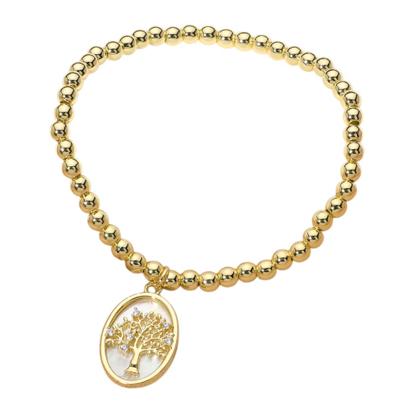 Stainless Steel Tree of Life Mother of Pearl Charm Beaded Stretch Bracelet
