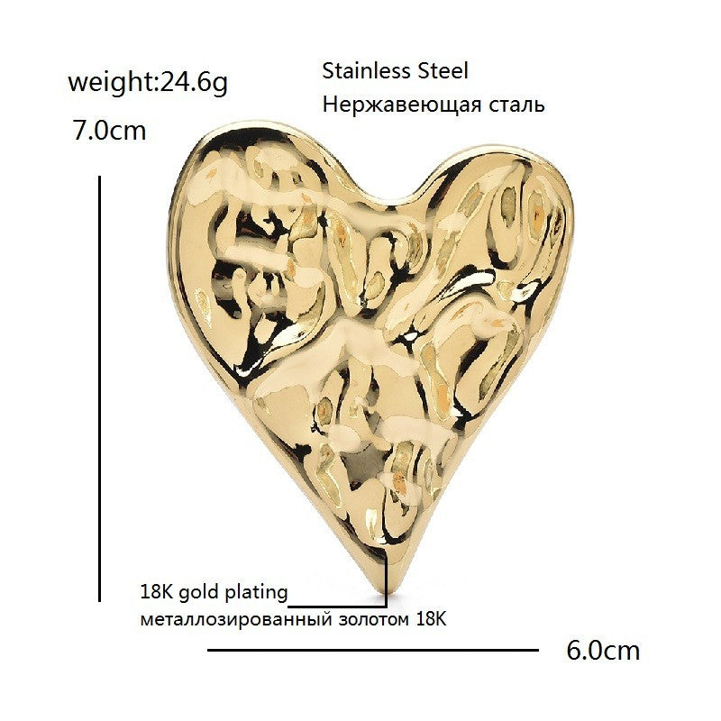 2pcs Hammered Heart Brooch Set 18K Gold Plated Stainless Steel Pin