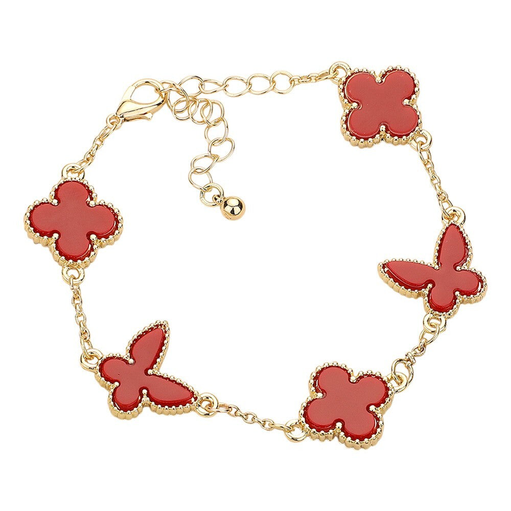 Natural Stone Butterfly Quatrefoil Link Bracelet Red Gold Tone Fashion Jewelry