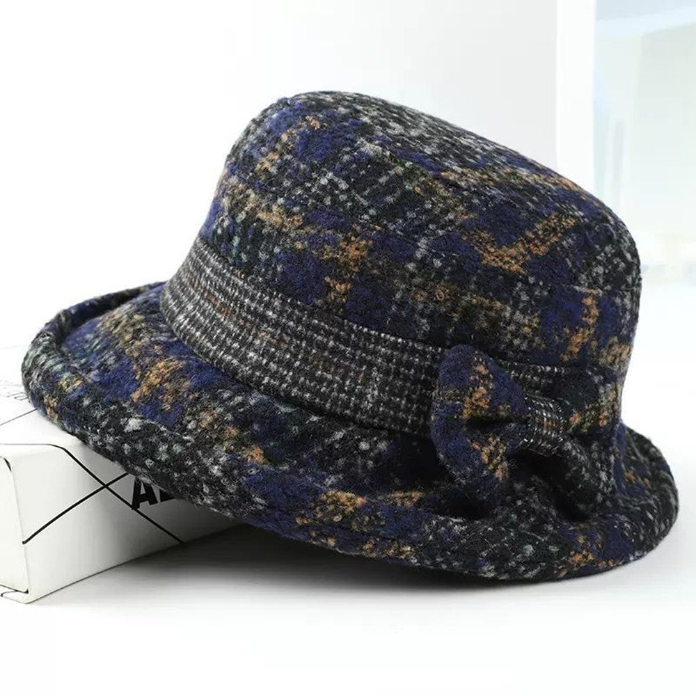 Plaid Cloche Hat Blue Black Tan Bucket Bow Wool Blend Winter Autumn Women
