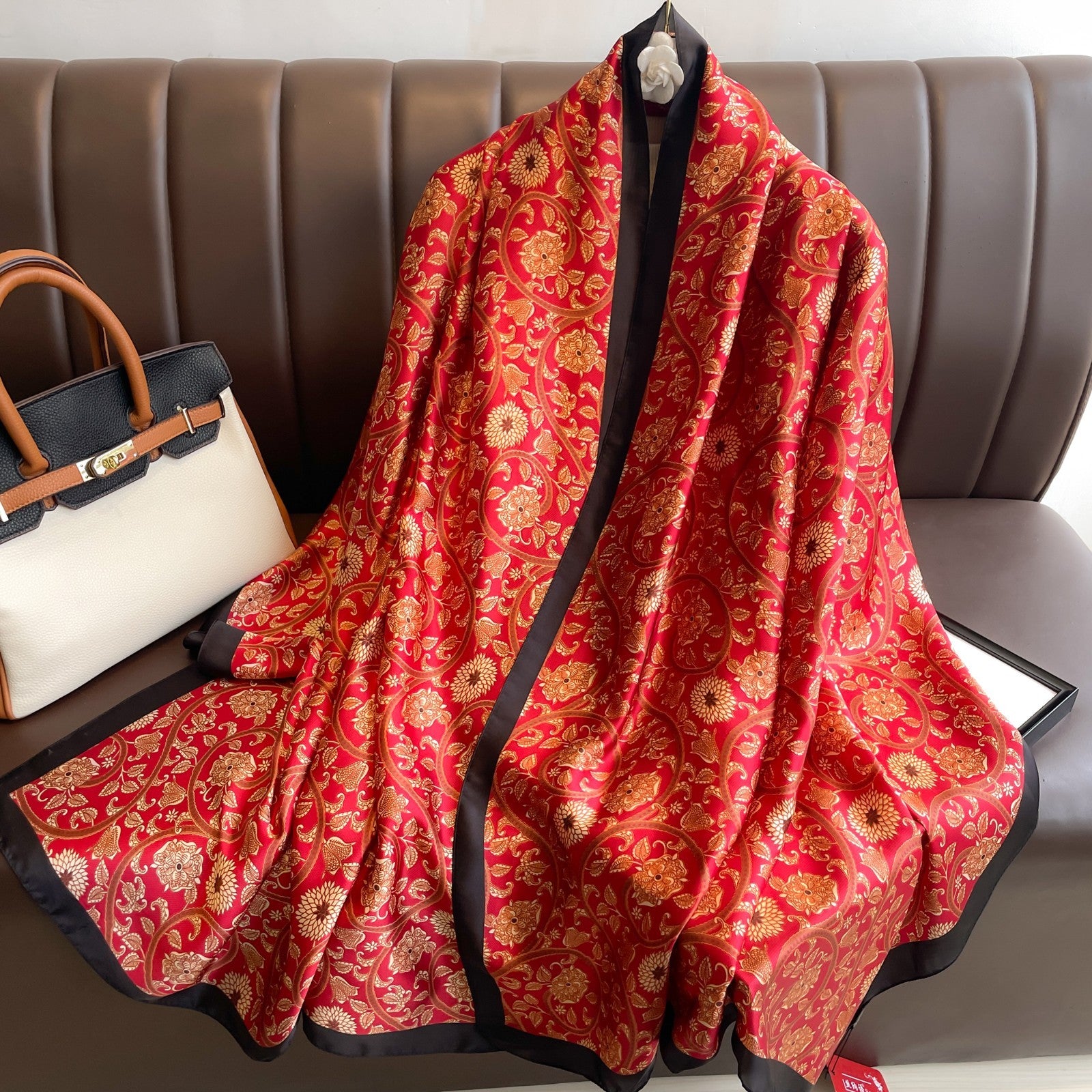 Red Floral Silky Polyester Scarf Shawl Wrap 71x35 in Gold Black Trim