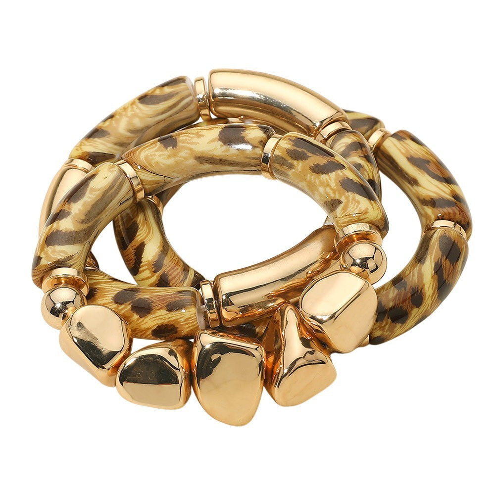 Animal Print Gold Tone Beaded Stretch Bracelet Set Fashion Jewelry for Women