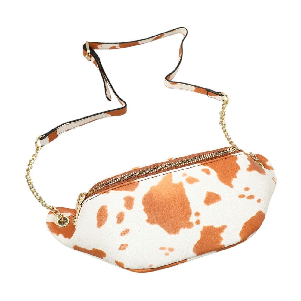 Cow Print Fanny Pack Crossbody Bag Brown White Adjustable Chain Strap