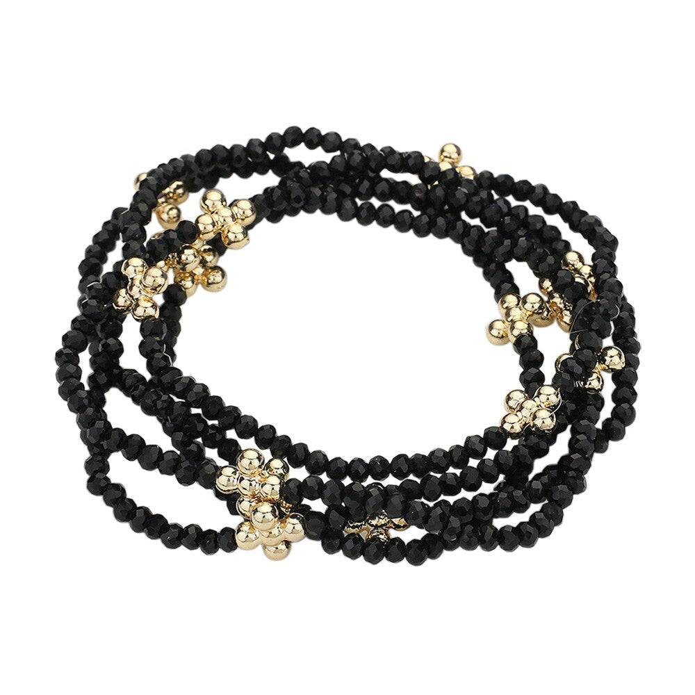 5PCS Black Faceted Beaded Stretch Bracelets Gold Bubble Flower Accented Jewelry