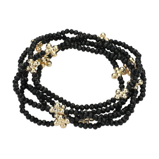 5PCS Black Faceted Beaded Stretch Bracelets Gold Bubble Flower Accented Jewelry