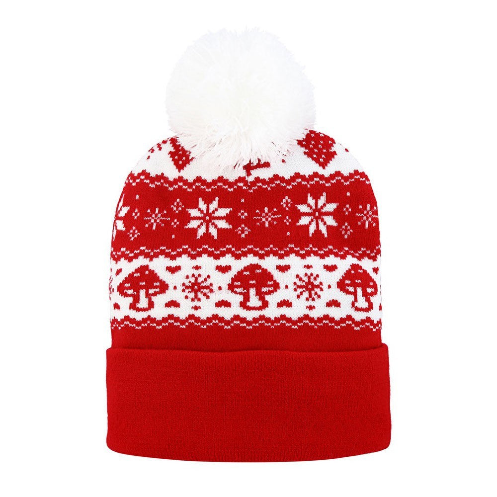 2PCS Christmas Pom-Pom Beanie Set Snowflake Tree Mushroom Fair Isle Winter Hat