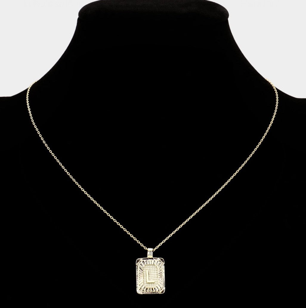 Gold Initial "L" Rectangular Sunburst Pendant Necklace - Brass Fashion Jewelry