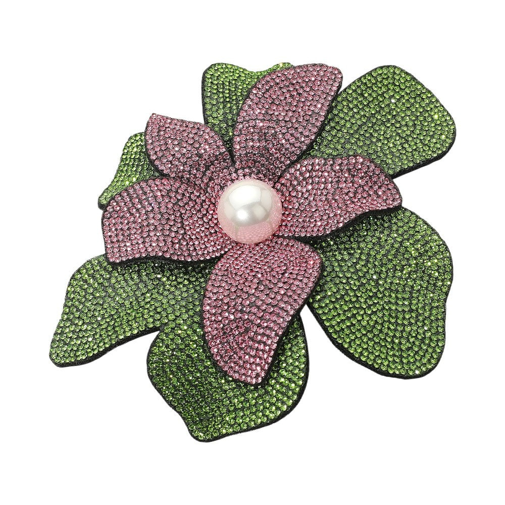 Sparkling Pink Rhinestone Flower Brooch with Green Leaves and Faux Pearl Center