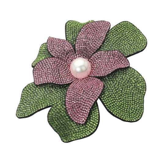 Sparkling Pink Rhinestone Flower Brooch with Green Leaves and Faux Pearl Center
