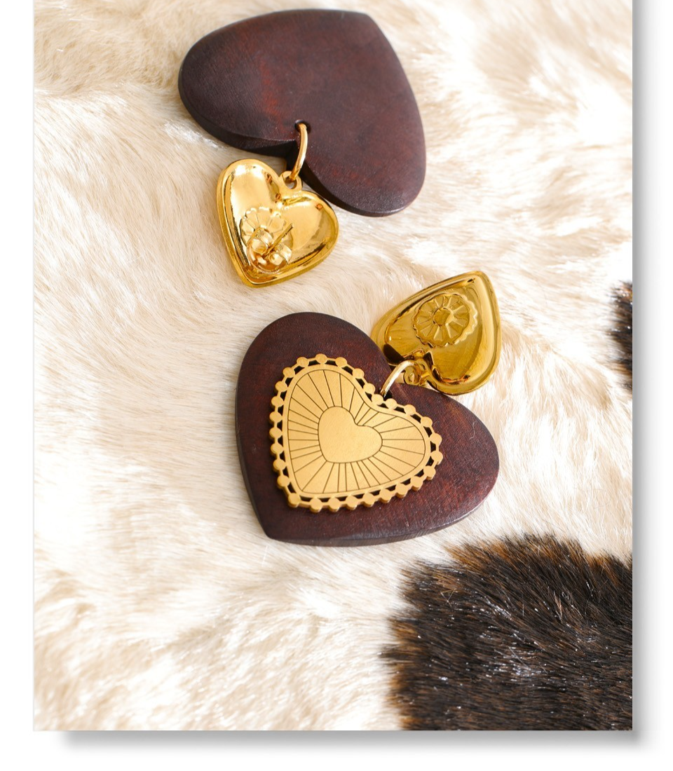 Wood Heart Dangle Earrings 18K Gold Plated Stainless Steel Drop