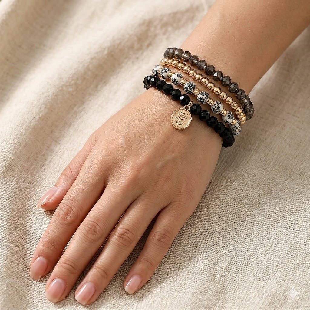 5pc Floral Embossed Oval Charm Beaded Stretch Bracelet Set Layered Boho Stack